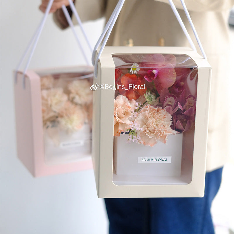 Recyclable pink and White Paper Flower Display Packaging Box with Transparent Window