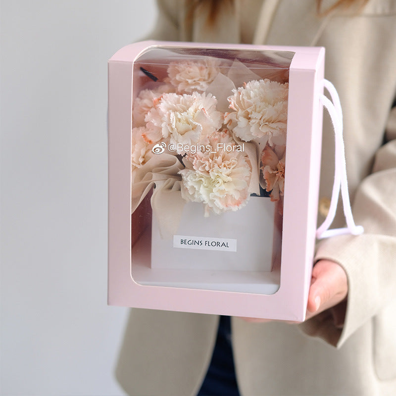 Recyclable pink and White Paper Flower Display Packaging Box with Transparent Window