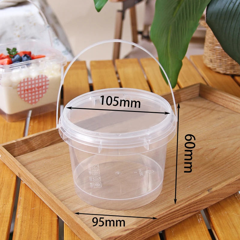 Wholesale Food Grade Transparent Disposable Food Circular square Packaging Container Lid and Handle Reusable Beverage Bucket