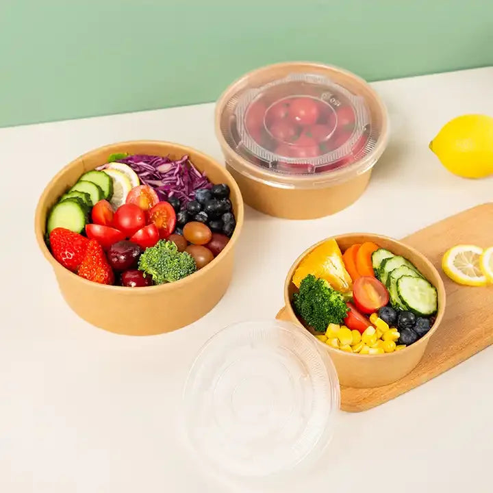 Disposable Kraft Paper Salad Bowl Can Be Added Lid Packaging Food Round Kraft Paper Lunch Box