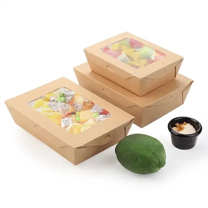 Hot Sale with Window Type Recyclable Brown Kraft Paper Salad Box Chicken Fries Lunch Takeaway Hot Fast Food Packaging