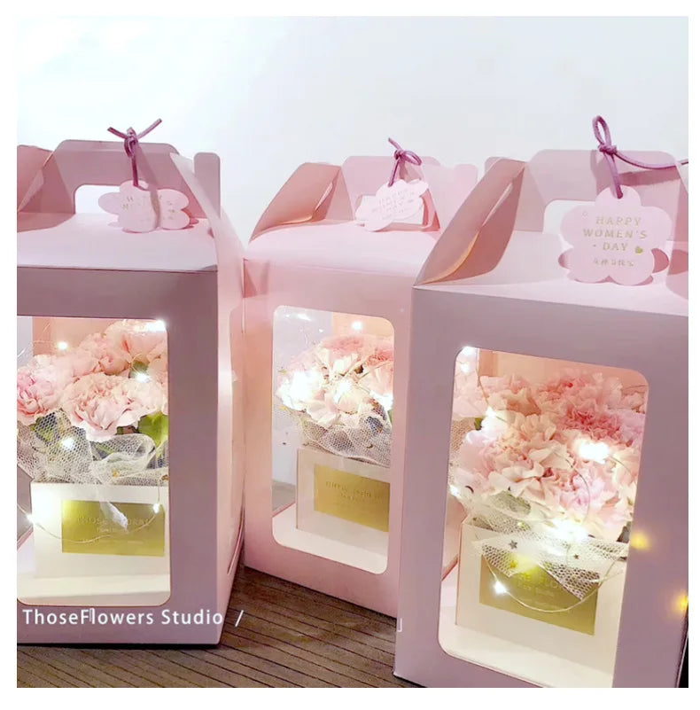 Portable Transparent square Window Panoramic Flower Gift Box White Box Rose Bouquet Arrangement Valentine's Day Flower Box