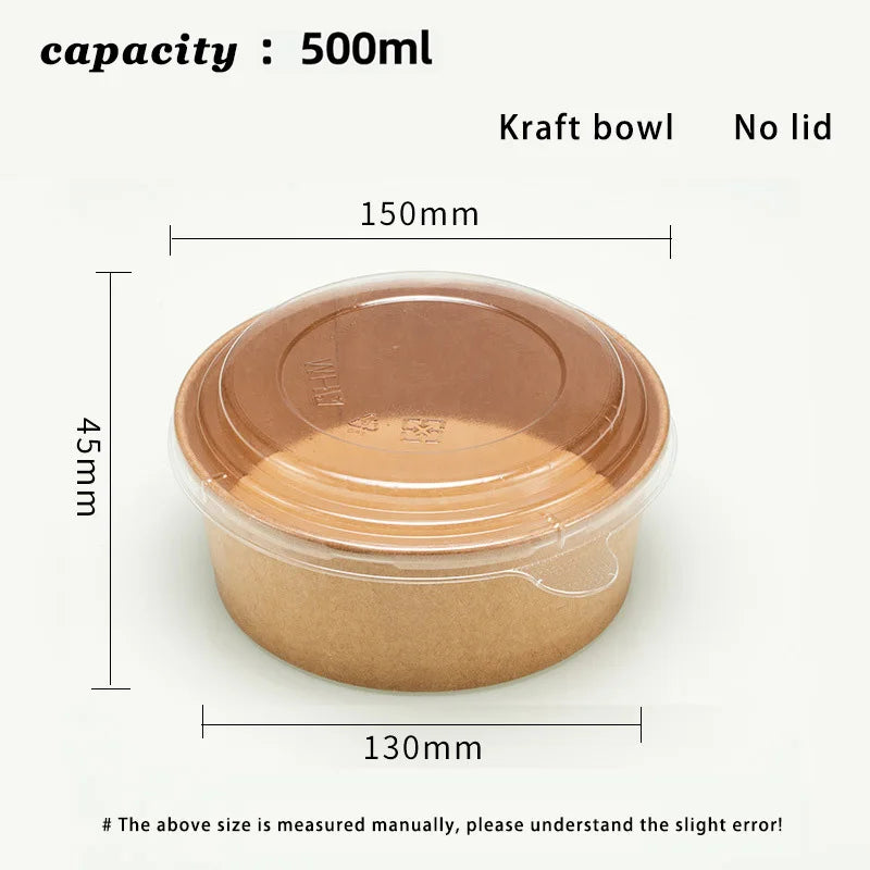 Disposable Kraft Paper Salad Bowl Can Be Added Lid Packaging Food Round Kraft Paper Lunch Box