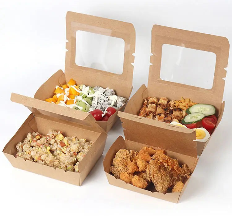 Hot Sale with Window Type Recyclable Brown Kraft Paper Salad Box Chicken Fries Lunch Takeaway Hot Fast Food Packaging