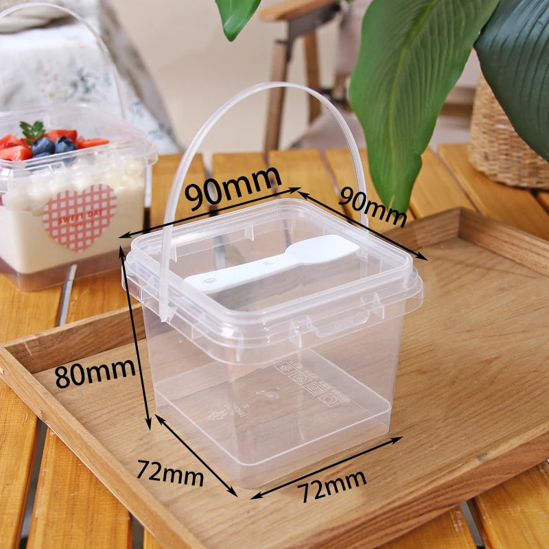 Wholesale Food Grade Transparent Disposable Food Circular square Packaging Container Lid and Handle Reusable Beverage Bucket