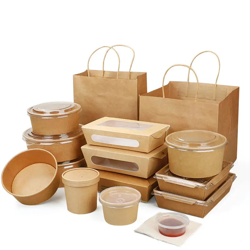 Hot Sale with Window Type Recyclable Brown Kraft Paper Salad Box Chicken Fries Lunch Takeaway Hot Fast Food Packaging