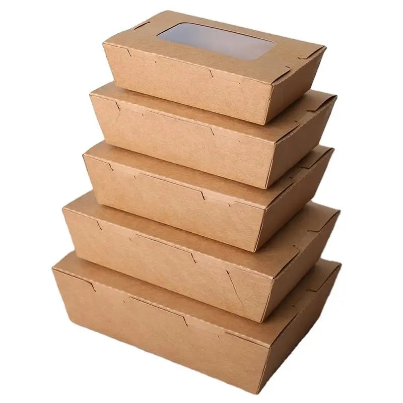 Hot Sale with Window Type Recyclable Brown Kraft Paper Salad Box Chicken Fries Lunch Takeaway Hot Fast Food Packaging