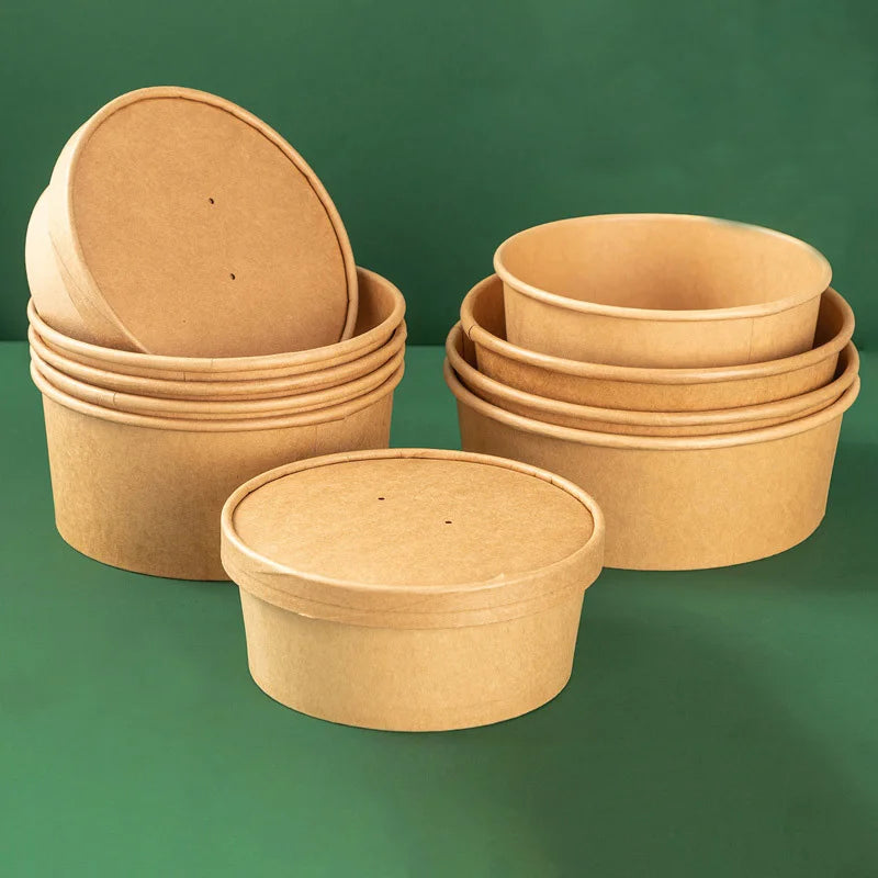 Disposable Kraft Paper Salad Bowl Can Be Added Lid Packaging Food Round Kraft Paper Lunch Box