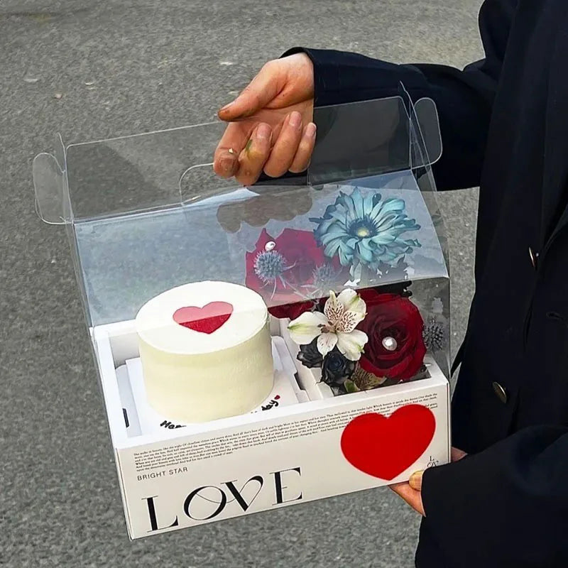 Folding Birth Day Wedding Favor Gift Cake Box Transparent Cake and Flower Box
