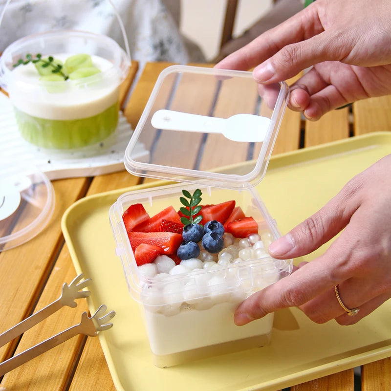 Wholesale Food Grade Transparent Disposable Food Circular square Packaging Container Lid and Handle Reusable Beverage Bucket