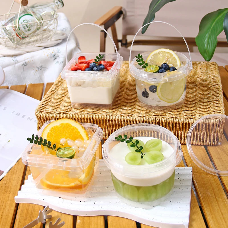 Wholesale Food Grade Transparent Disposable Food Circular square Packaging Container Lid and Handle Reusable Beverage Bucket
