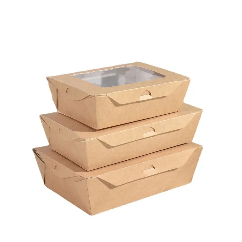 Hot Sale with Window Type Recyclable Brown Kraft Paper Salad Box Chicken Fries Lunch Takeaway Hot Fast Food Packaging