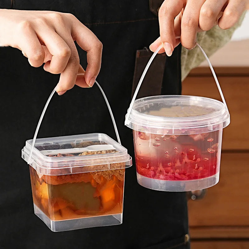 Wholesale Food Grade Transparent Disposable Food Circular square Packaging Container Lid and Handle Reusable Beverage Bucket