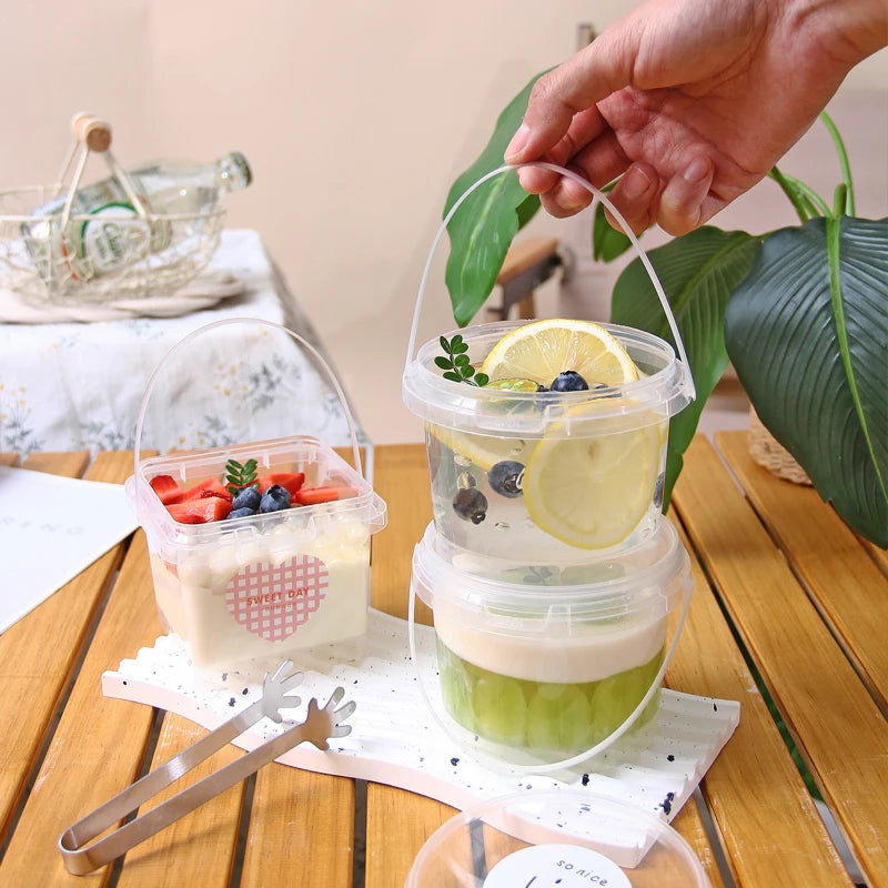 Wholesale Food Grade Transparent Disposable Food Circular square Packaging Container Lid and Handle Reusable Beverage Bucket