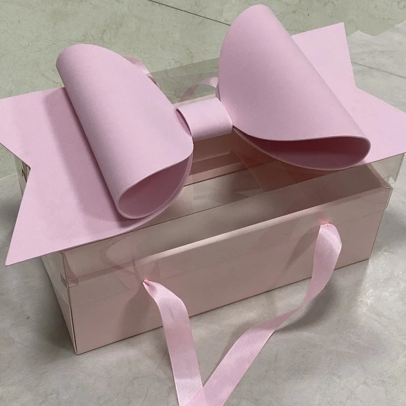Valentine's Day Flowers Cake Box with Red Bow Transparent PVC Fruit Wrap Embossed Stamped Paper Gift Wrap for Cakes and Gifts