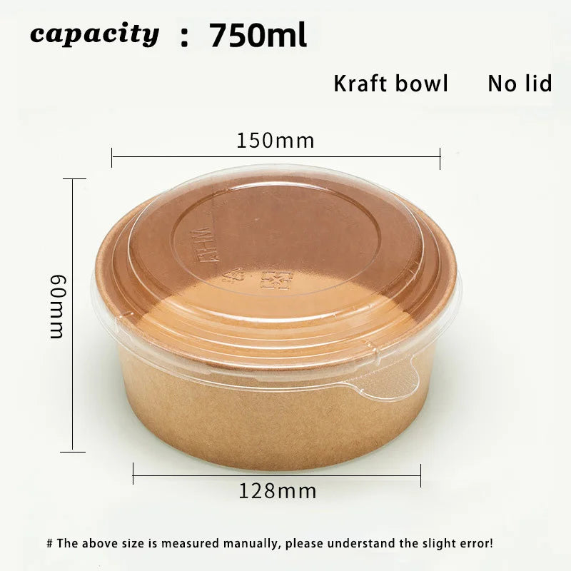 Disposable Kraft Paper Salad Bowl Can Be Added Lid Packaging Food Round Kraft Paper Lunch Box