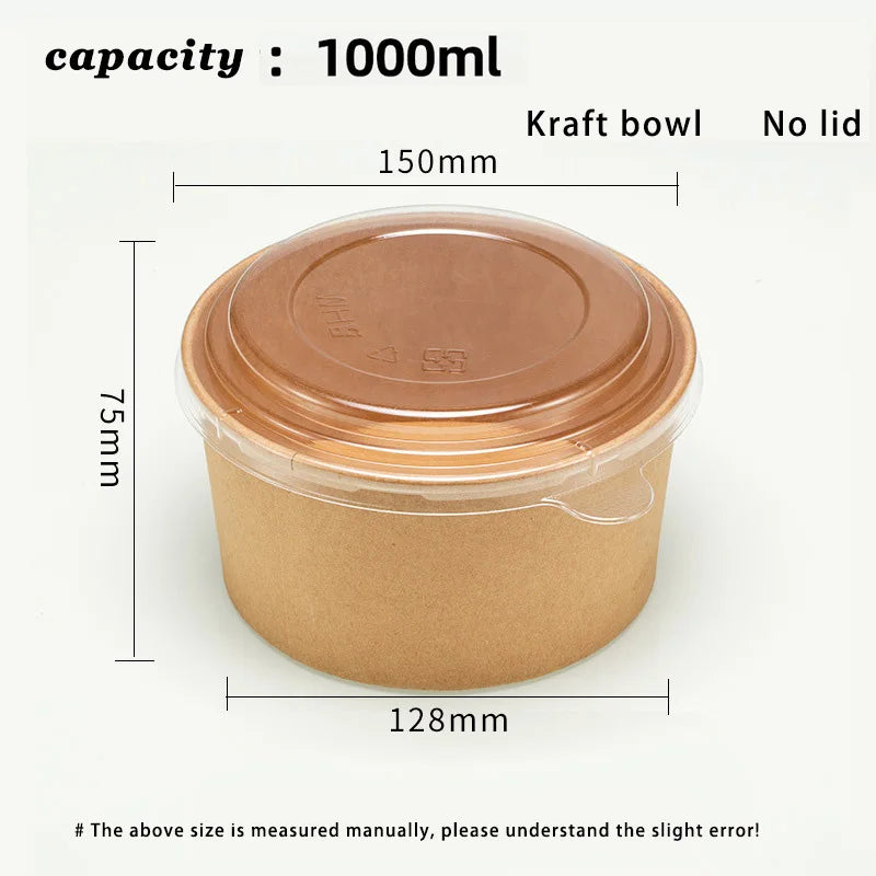 Disposable Kraft Paper Salad Bowl Can Be Added Lid Packaging Food Round Kraft Paper Lunch Box