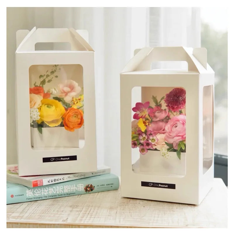 Portable Transparent square Window Panoramic Flower Gift Box White Box Rose Bouquet Arrangement Valentine's Day Flower Box