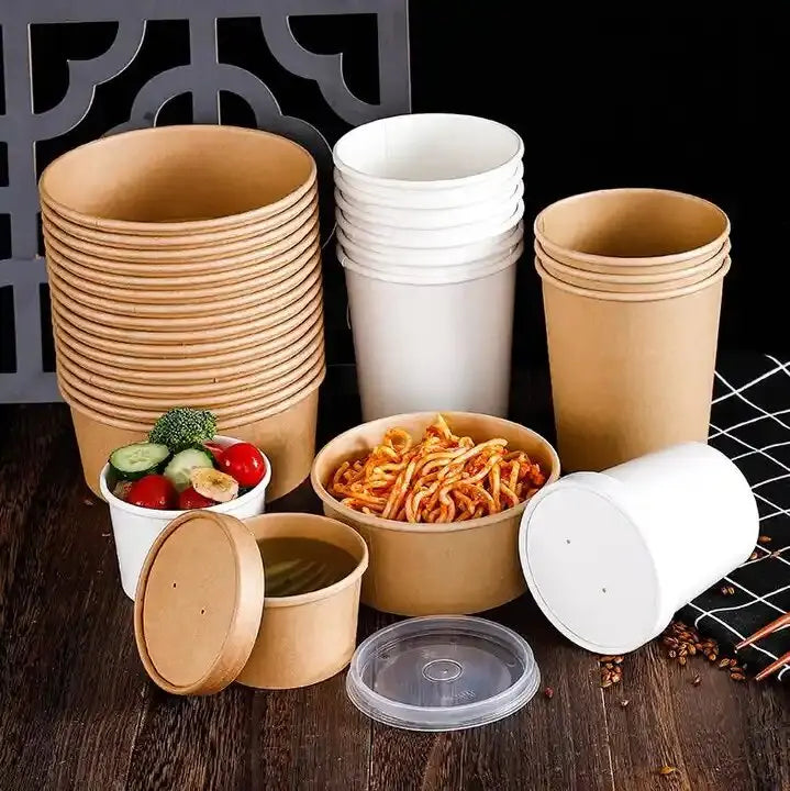Disposable Kraft Paper Salad Bowl Can Be Added Lid Packaging Food Round Kraft Paper Lunch Box
