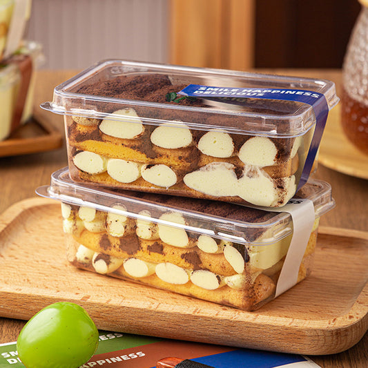 Tiramisu Mousse Cake in Transparent Plastic Packaging Box