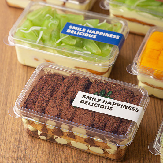 Tiramisu Mousse Cake in Transparent Plastic Packaging Box