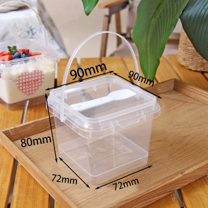 Wholesale Food Grade Transparent Disposable Food Circular square Packaging Container Lid and Handle Reusable Beverage Bucket