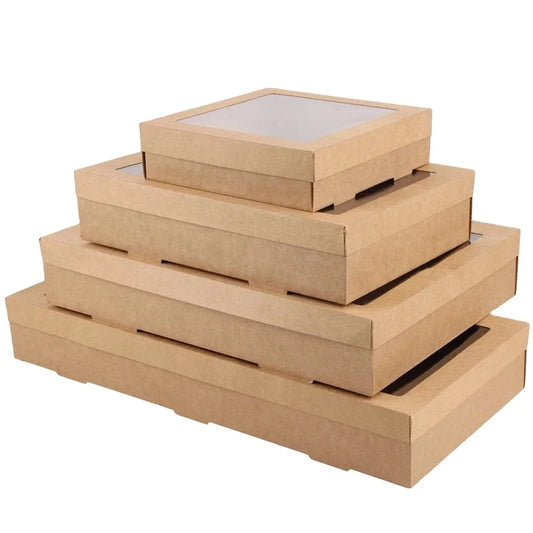 Custom Corrugated Bento Box Disposable Takeaway Eco Friendly Window Kraft Boxes with clear Lids Packaging