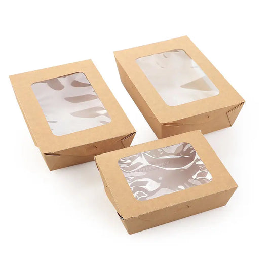 Hot Sale with Window Type Recyclable Brown Kraft Paper Salad Box Chicken Fries Lunch Takeaway Hot Fast Food Packaging