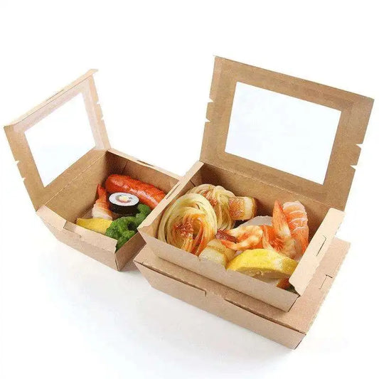 Hot Sale with Window Type Recyclable Brown Kraft Paper Salad Box Chicken Fries Lunch Takeaway Hot Fast Food Packaging