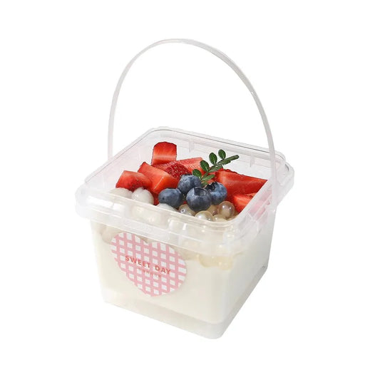 Wholesale Food Grade Transparent Disposable Food Circular square Packaging Container Lid and Handle Reusable Beverage Bucket