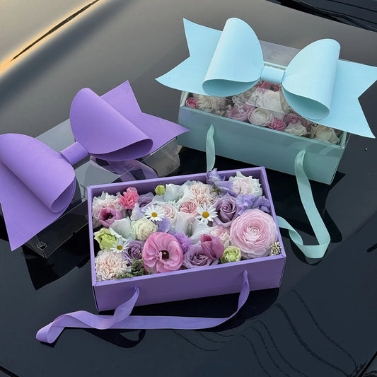 Valentine's Day Flowers Cake Box with Red Bow Transparent PVC Fruit Wrap Embossed Stamped Paper Gift Wrap for Cakes and Gifts