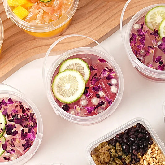 Wholesale Food Grade Transparent Disposable Food Circular square Packaging Container Lid and Handle Reusable Beverage Bucket
